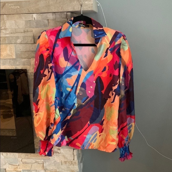 chrcme Tops - Chrome Red and Blue Graphic Long Sleeve Blouse